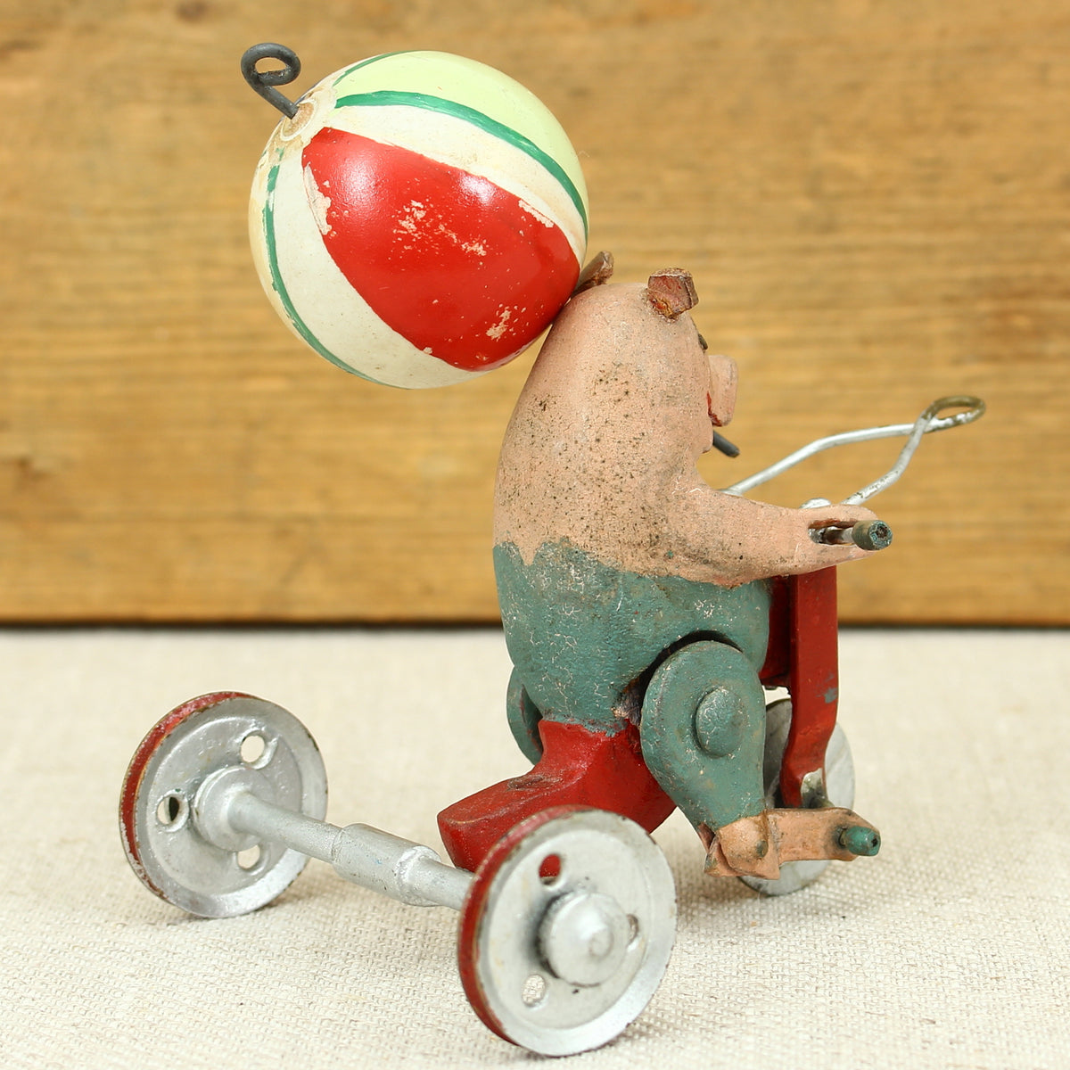 Toys & Juvenalia - a novelty scratch built Folk Art toy, Pig riding a tricycle
