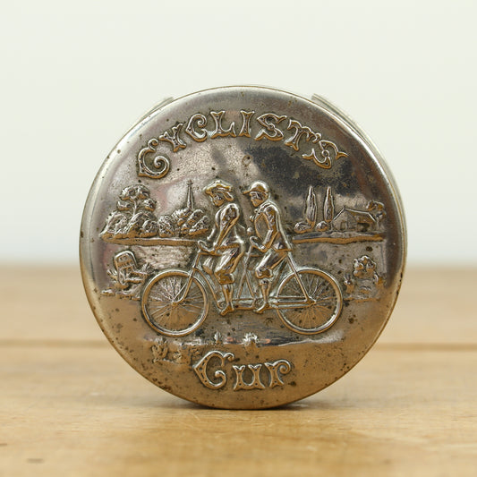 Cycling Interest - a silver coloured metal collapsible travel cup, embossed lid, 'Cyclist's Cup'