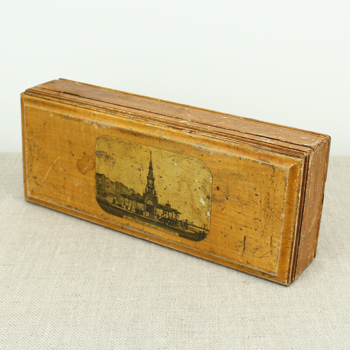Treen, Architectural Interest - a 'Mauchline' style rectangular shaped box, of simple construction, the lid transfer printed with a view of the entrance to the Brighton aquarium
