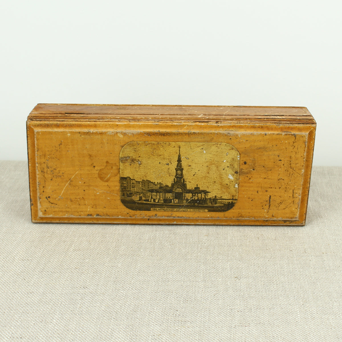 Treen, Architectural Interest - a 'Mauchline' style rectangular shaped box, of simple construction, the lid transfer printed with a view of the entrance to the Brighton aquarium