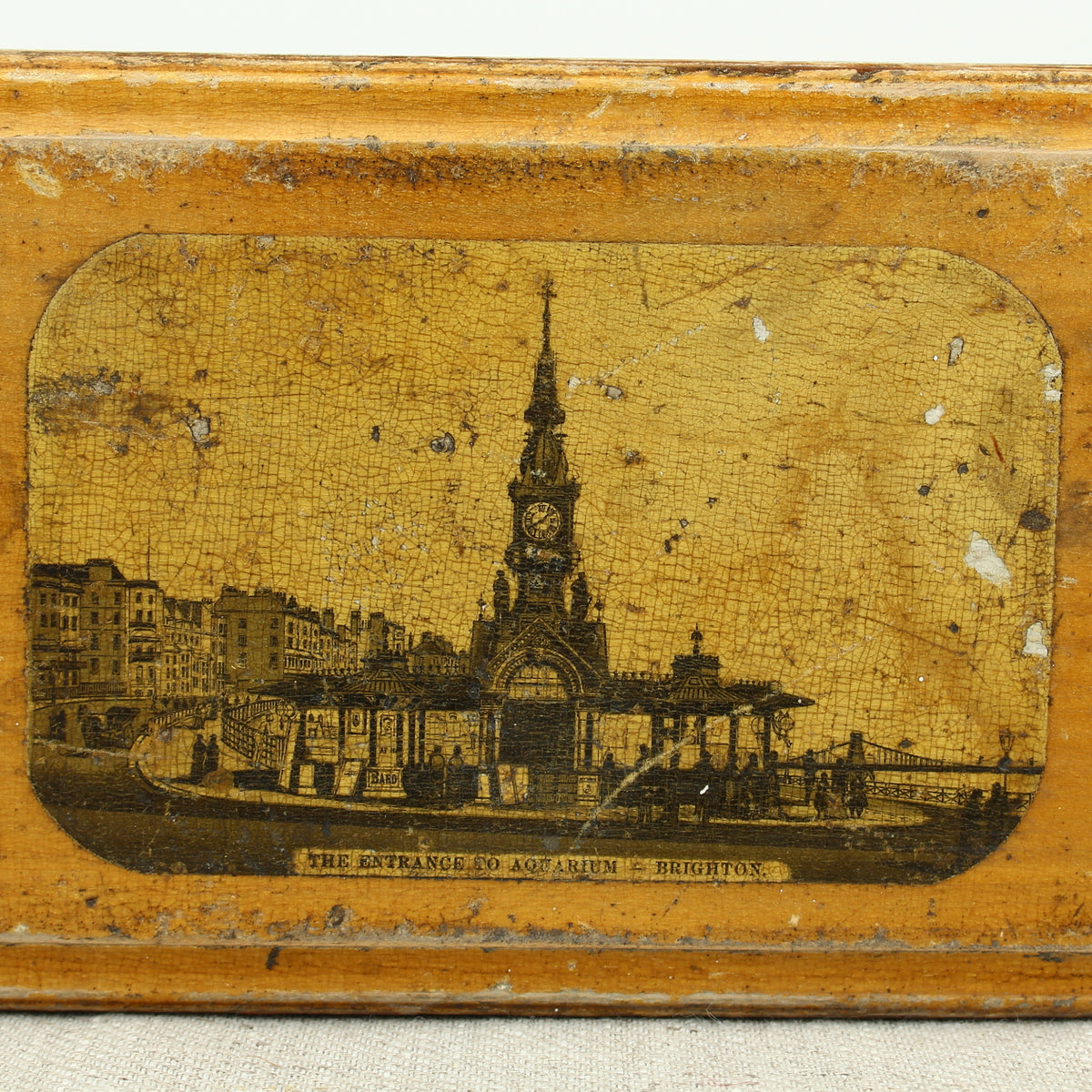 Treen, Architectural Interest - a 'Mauchline' style rectangular shaped box, of simple construction, the lid transfer printed with a view of the entrance to the Brighton aquarium