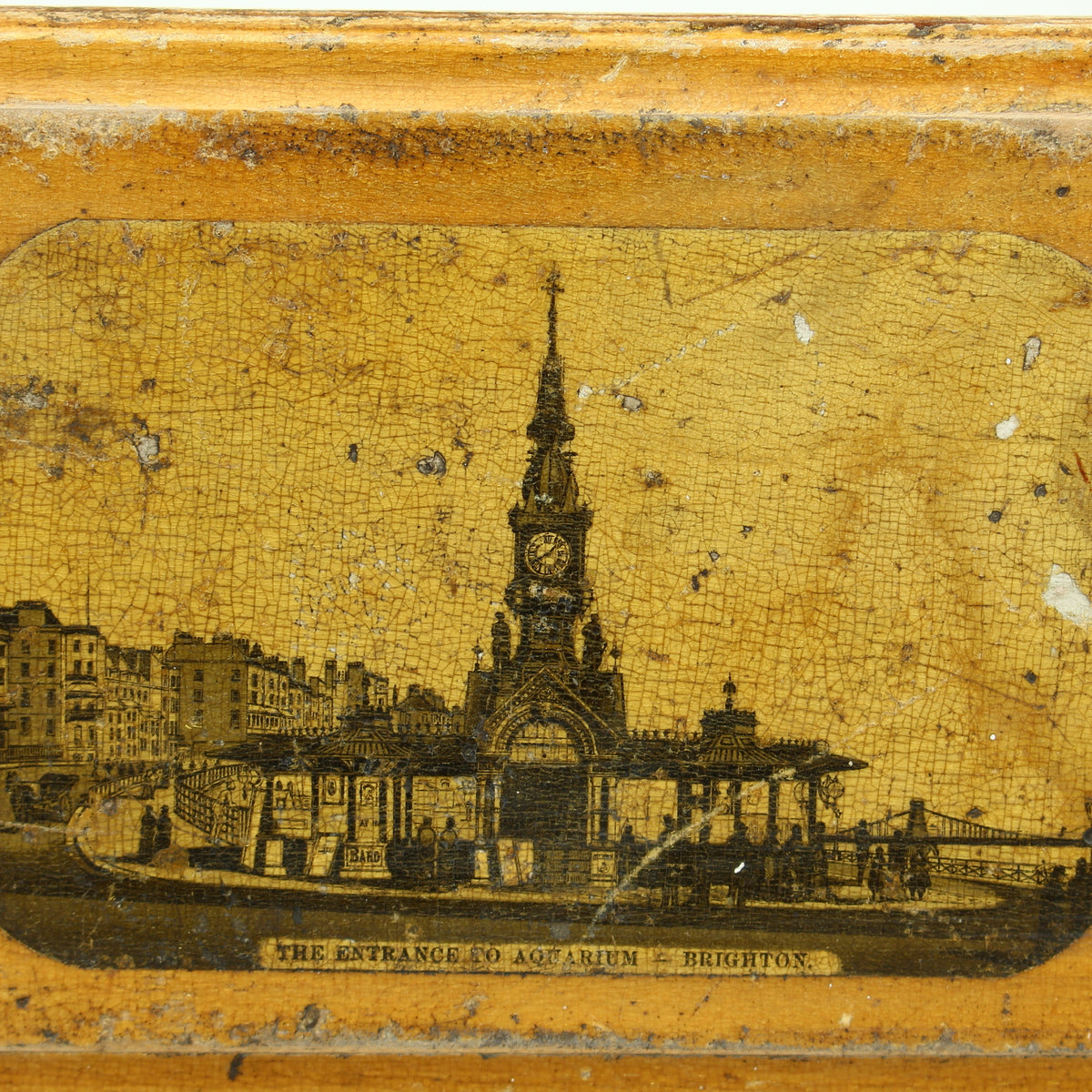 Treen, Architectural Interest - a 'Mauchline' style rectangular shaped box, of simple construction, the lid transfer printed with a view of the entrance to the Brighton aquarium