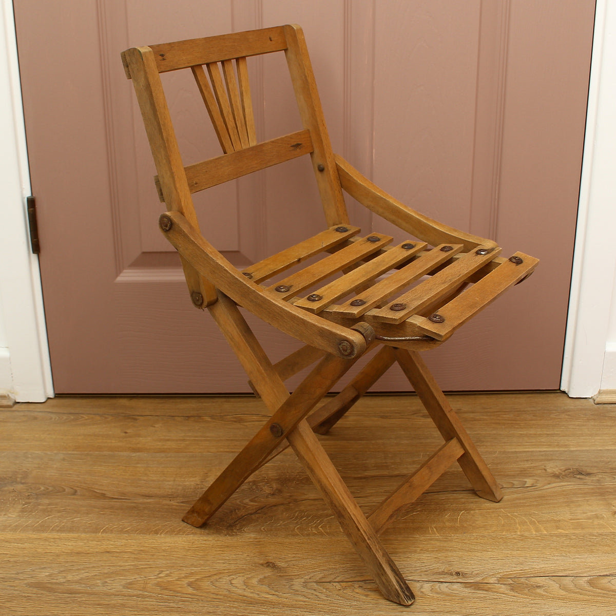 Furniture - a vintage mid-century wooden child's folding chair, manufactured in Czechoslovakia, sunburst or fan-shaped slat backrest, probably manufactured by Sfinx Fiľakovo or Thonet