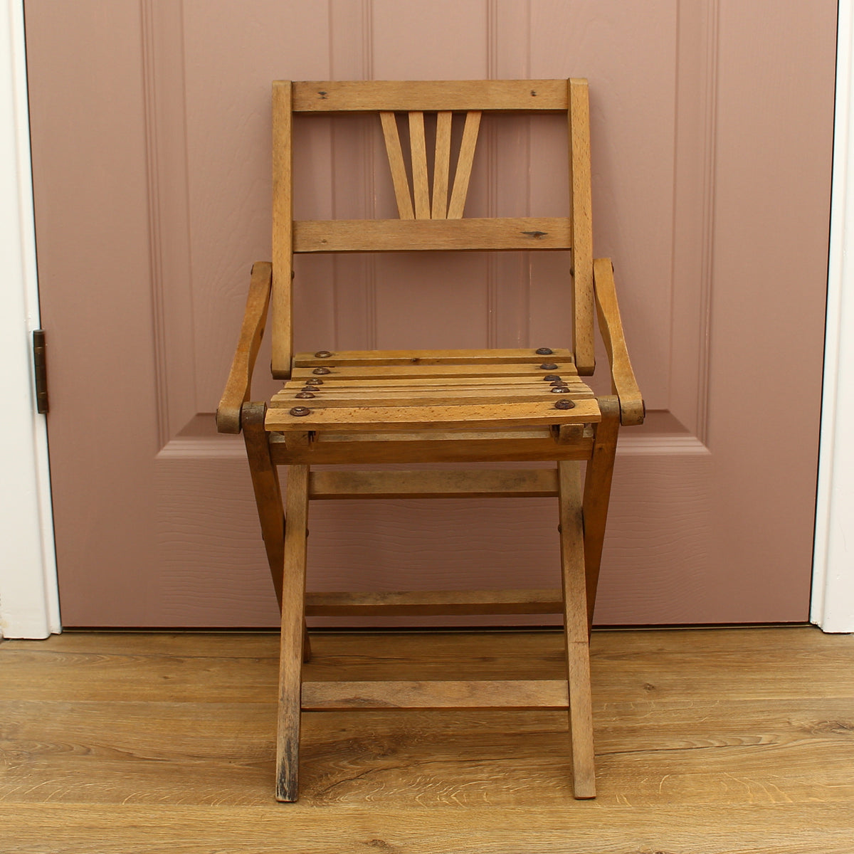 Furniture - a vintage mid-century wooden child's folding chair, manufactured in Czechoslovakia, sunburst or fan-shaped slat backrest, probably manufactured by Sfinx Fiľakovo or Thonet