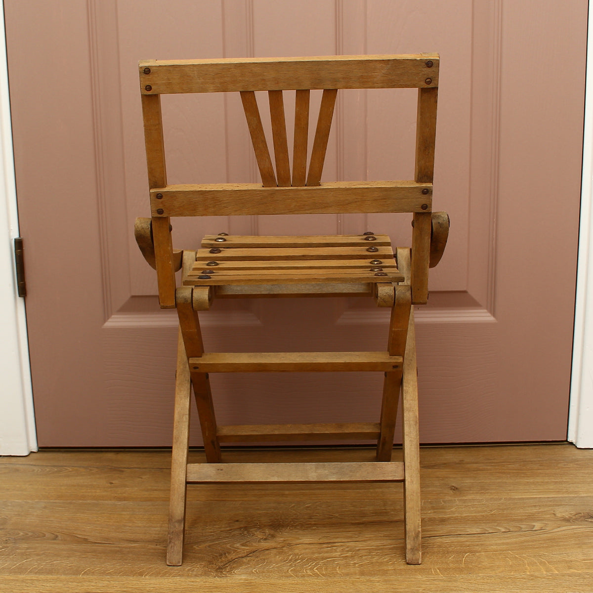 Furniture - a vintage mid-century wooden child's folding chair, manufactured in Czechoslovakia, sunburst or fan-shaped slat backrest, probably manufactured by Sfinx Fiľakovo or Thonet