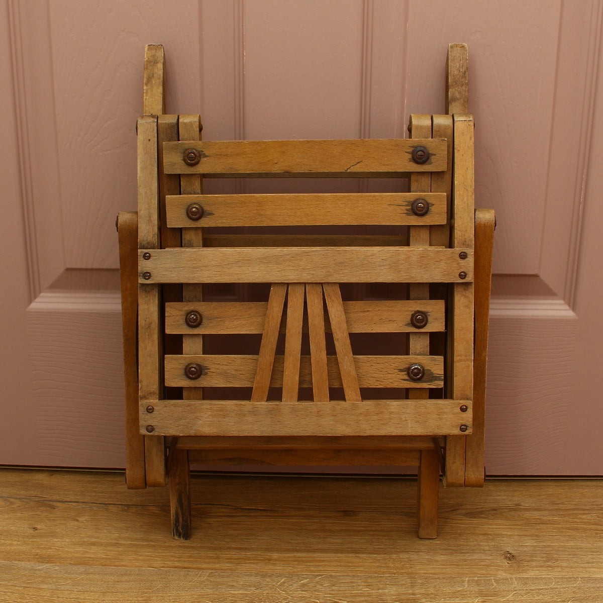 Furniture - a vintage mid-century wooden child's folding chair, manufactured in Czechoslovakia, sunburst or fan-shaped slat backrest, probably manufactured by Sfinx Fiľakovo or Thonet
