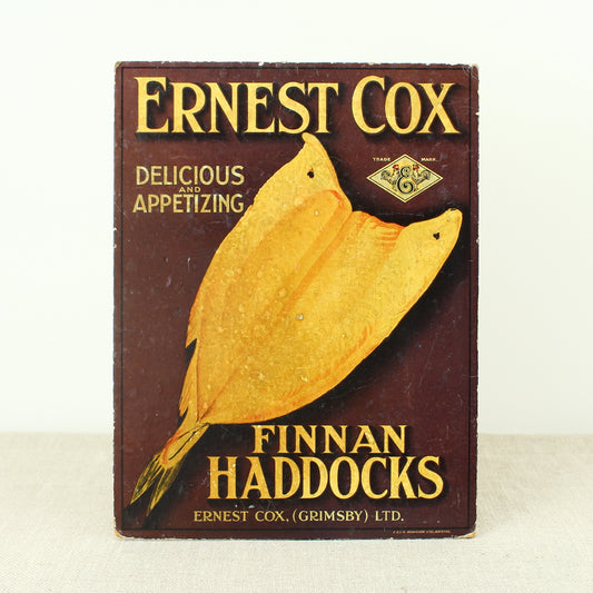 Advertising - a rectangular shaped pictorial cardboard showcard, Ernest Cox, Finnan Haddocks, Ernest Cox (Grimsby) Ltd.