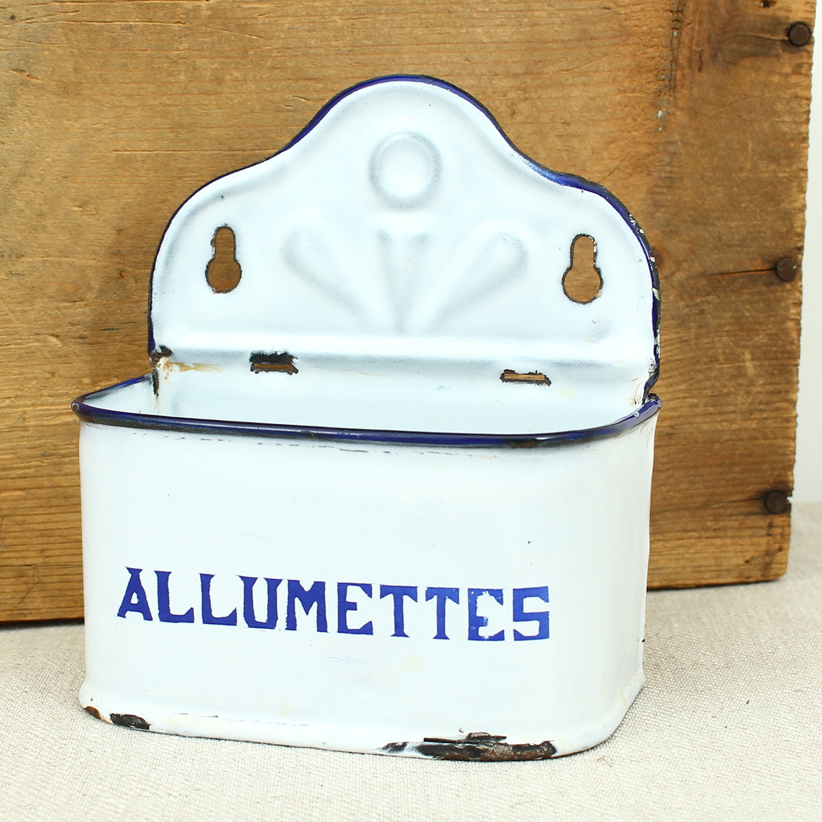 A Vintage French blue and white enamel wall mounted 'Allumettes' box