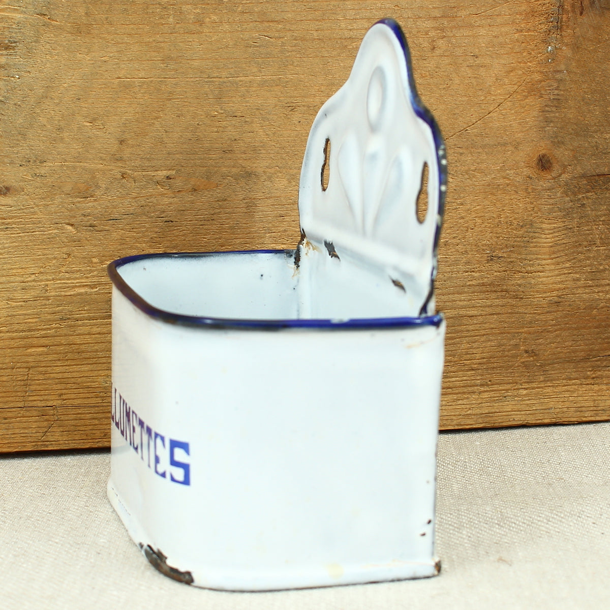 A Vintage French blue and white enamel wall mounted 'Allumettes' box