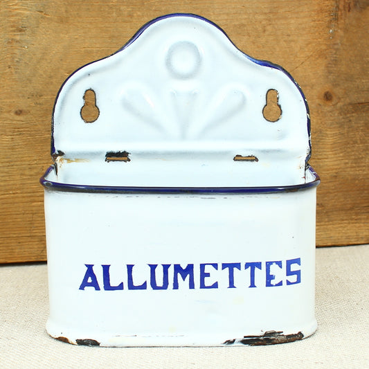 A Vintage French blue and white enamel wall mounted 'Allumettes' box