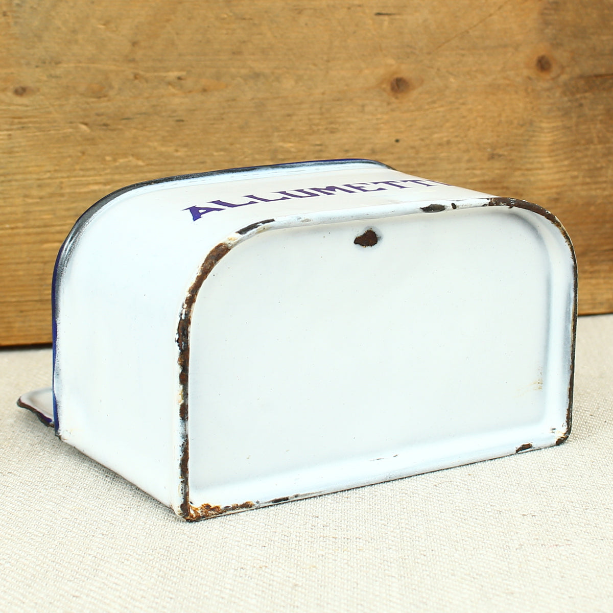A Vintage French blue and white enamel wall mounted 'Allumettes' box