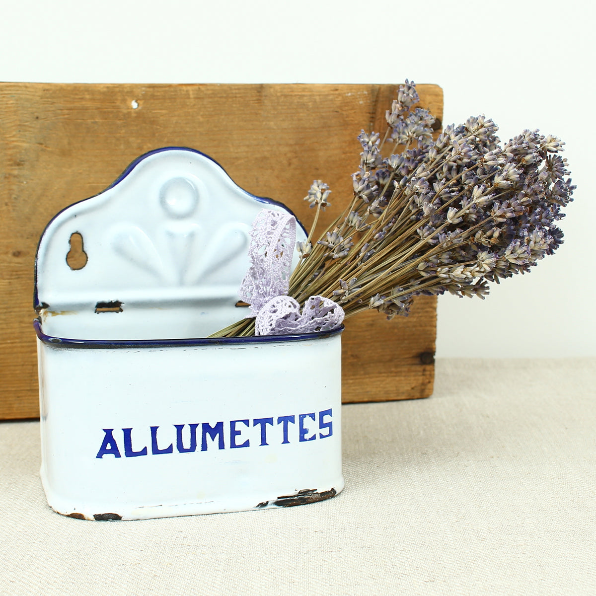 A Vintage French blue and white enamel wall mounted 'Allumettes' box