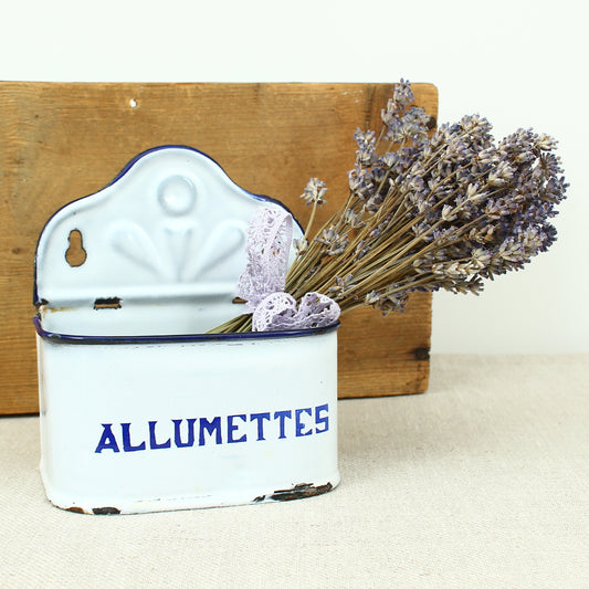 A Vintage French blue and white enamel wall mounted 'Allumettes' box