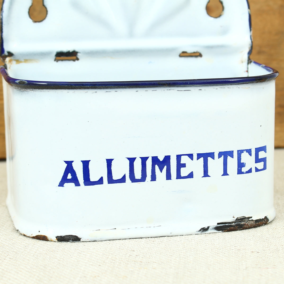A Vintage French blue and white enamel wall mounted 'Allumettes' box