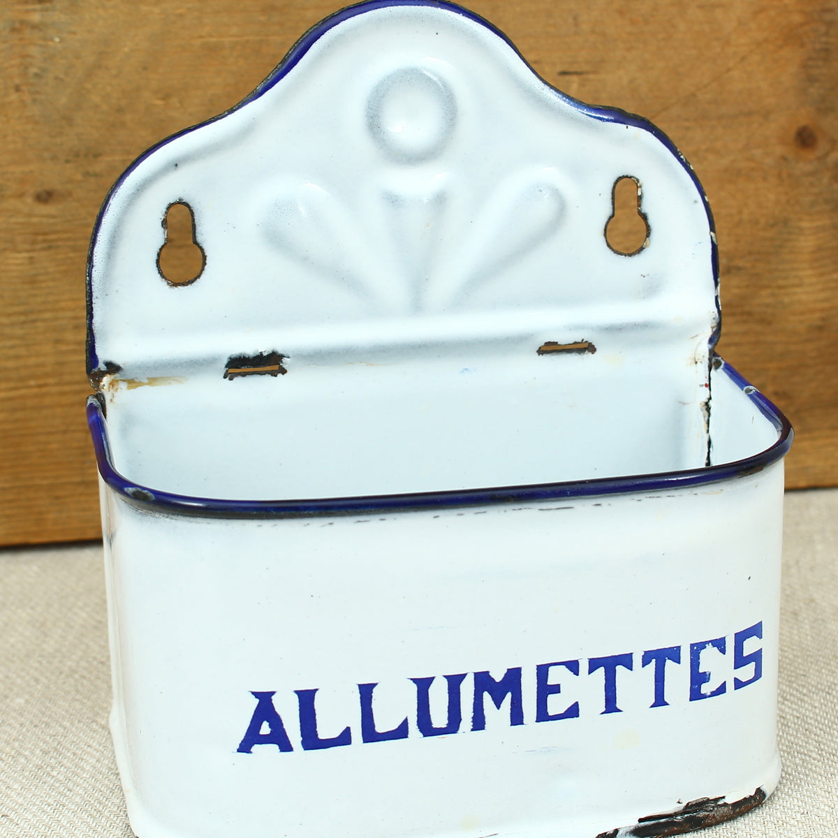 A Vintage French blue and white enamel wall mounted 'Allumettes' box