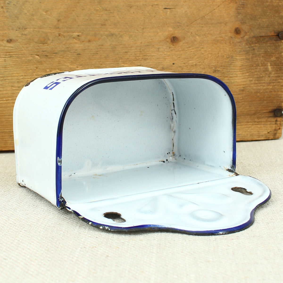 A Vintage French blue and white enamel wall mounted 'Allumettes' box