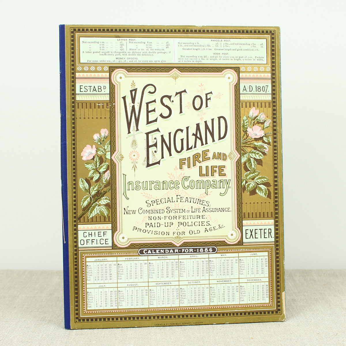 A West of England Fire and Life Insurance Company calendar and blotter for 1886