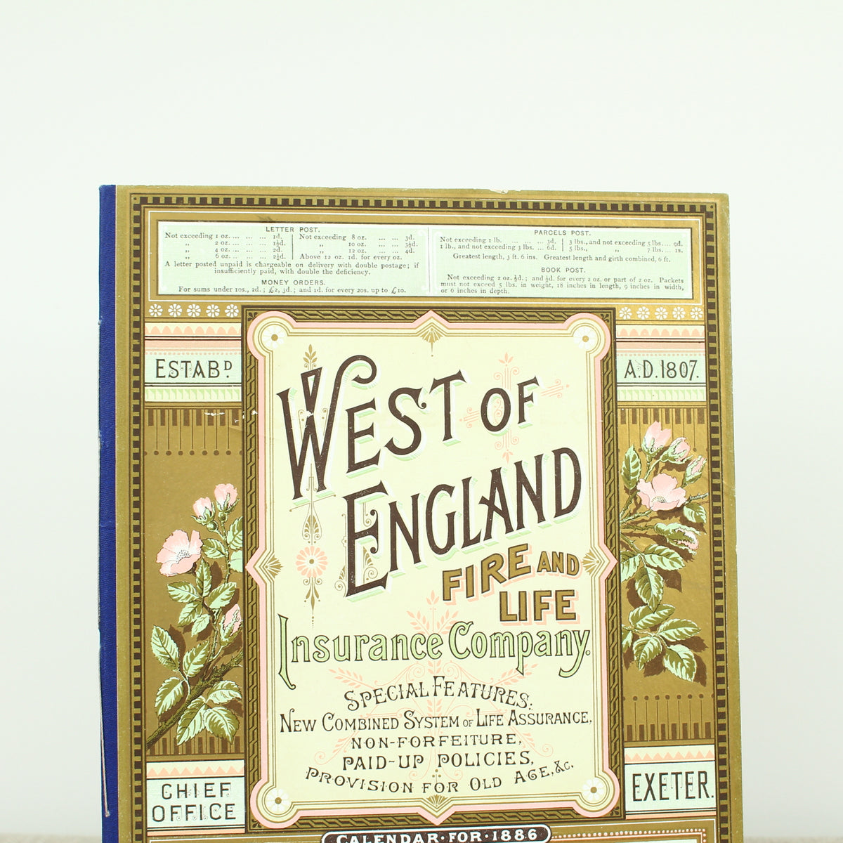 A West of England Fire and Life Insurance Company calendar and blotter for 1886