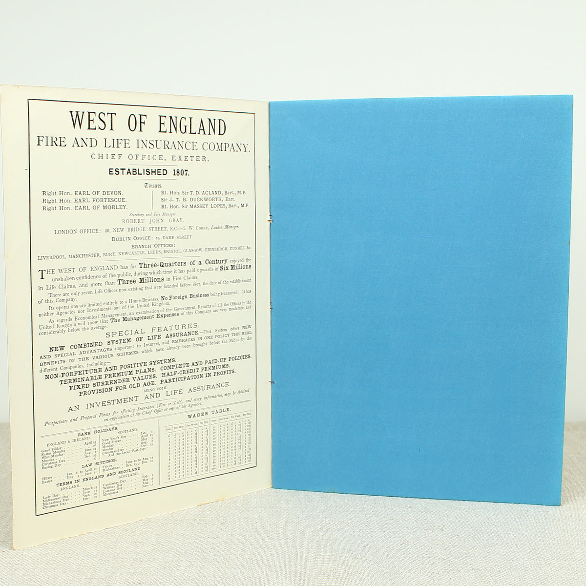 A West of England Fire and Life Insurance Company calendar and blotter for 1886