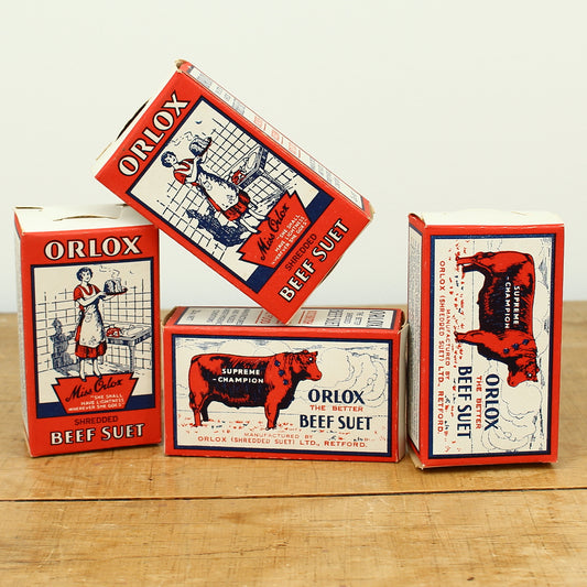 Advertising - a group of four rectangular shaped cardboard boxes, Miss Orlox Shredded Beef Suet, 2oz. Net boxes