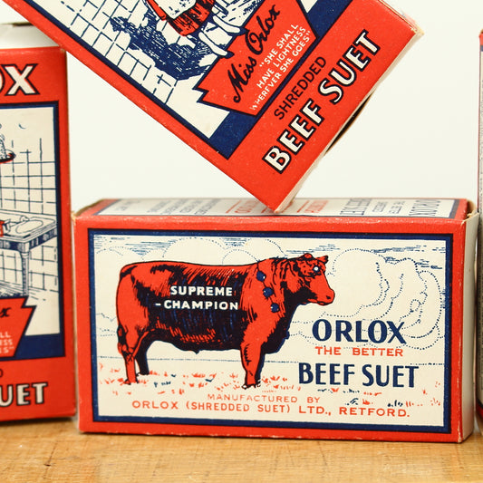 Advertising - a group of four rectangular shaped cardboard boxes, Miss Orlox Shredded Beef Suet, 2oz. Net boxes
