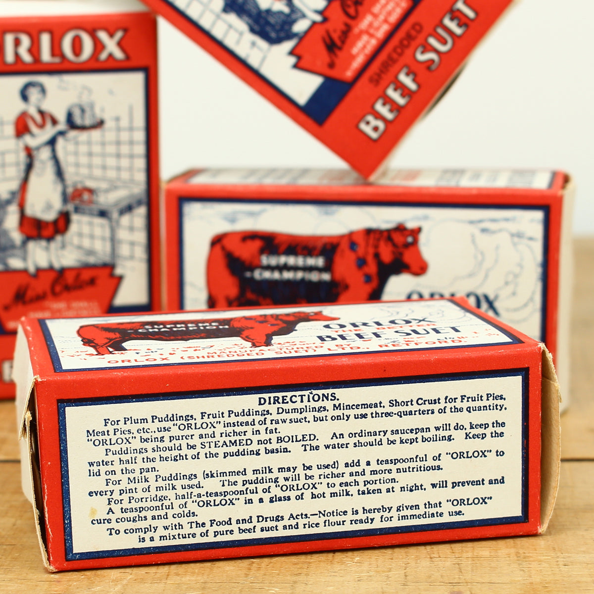 Advertising - a group of four rectangular shaped cardboard boxes, Miss Orlox Shredded Beef Suet, 2oz. Net boxes