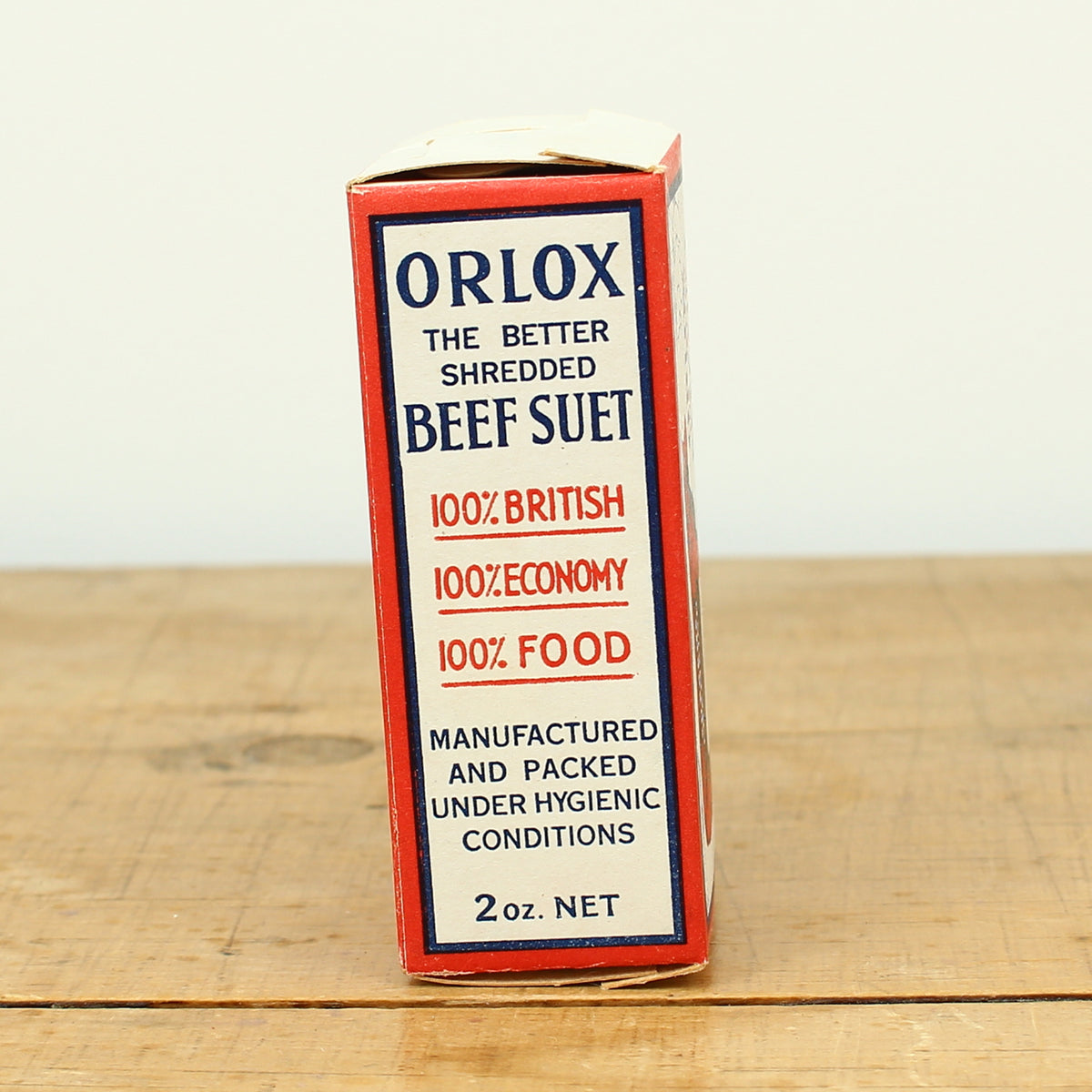Advertising - a group of four rectangular shaped cardboard boxes, Miss Orlox Shredded Beef Suet, 2oz. Net boxes