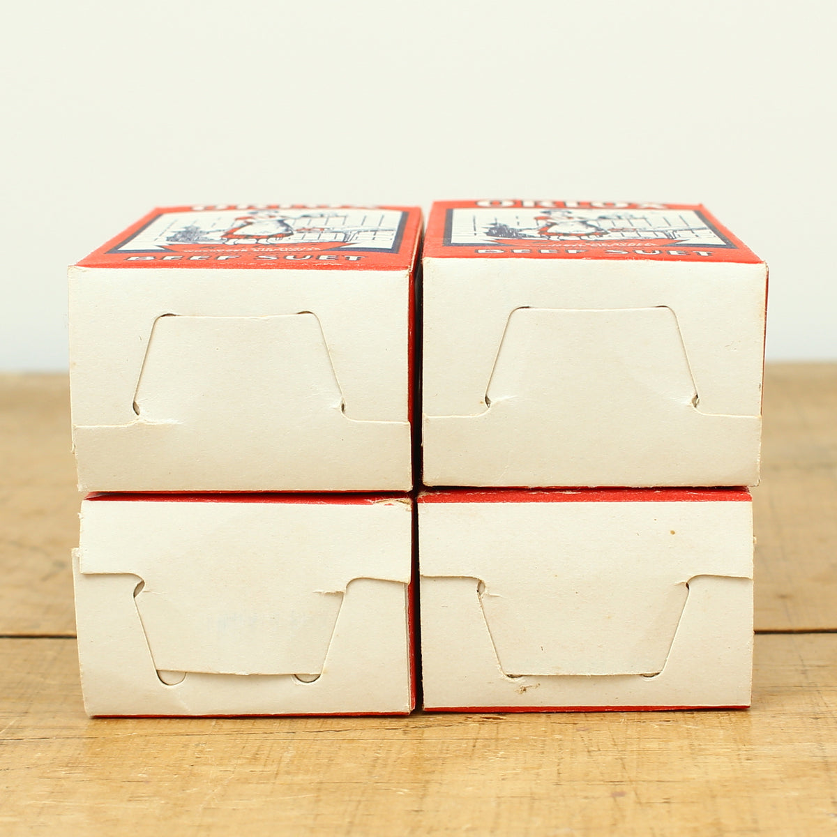 Advertising - a group of four rectangular shaped cardboard boxes, Miss Orlox Shredded Beef Suet, 2oz. Net boxes
