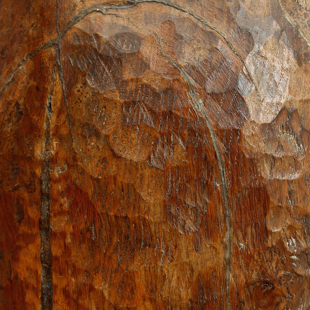 Turnley Hoskins (Master Carver, Cornwall, England. Devon and Cornwall branch of the British Woodcarver's Association), Eden Oak Germination, wooden sculpture, adzed textural surface, abstract form, labels to base, 81cm high overall