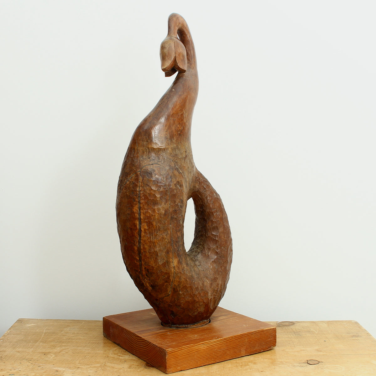 Turnley Hoskins (Master Carver, Cornwall, England. Devon and Cornwall branch of the British Woodcarver's Association), Eden Oak Germination, wooden sculpture, adzed textural surface, abstract form, labels to base, 81cm high overall