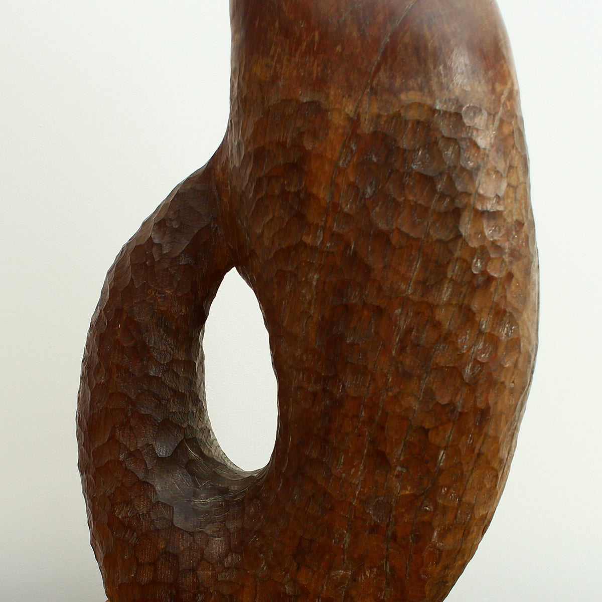 Turnley Hoskins (Master Carver, Cornwall, England. Devon and Cornwall branch of the British Woodcarver's Association), Eden Oak Germination, wooden sculpture, adzed textural surface, abstract form, labels to base, 81cm high overall