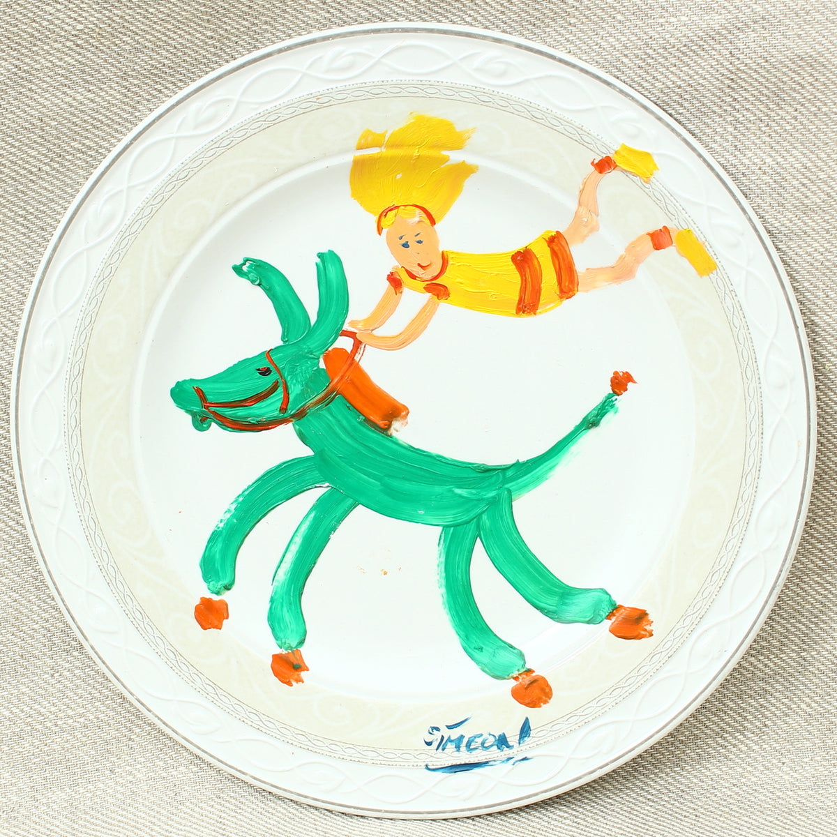 Simeon Stafford (British Artist, born 1956), Frolicking Donkey, oil on porcelain plate, signed, title to verso, 23cm diameter