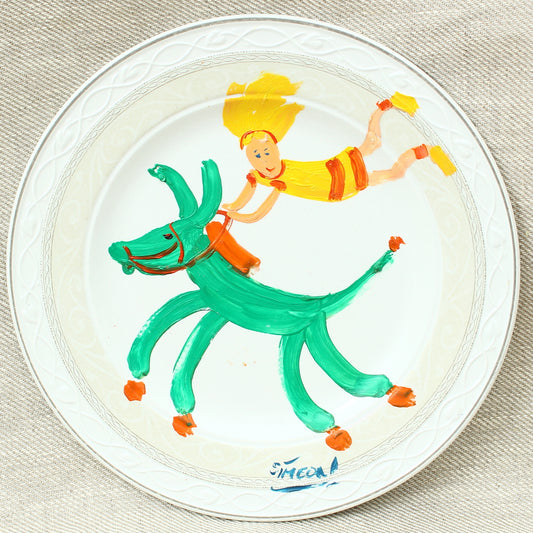 Simeon Stafford (British Artist, born 1956), Frolicking Donkey, oil on porcelain plate, signed, title to verso, 23cm diameter