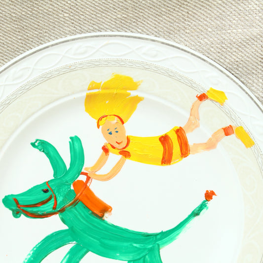 Simeon Stafford (British Artist, born 1956), Frolicking Donkey, oil on porcelain plate, signed, title to verso, 23cm diameter