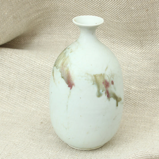 Tina Forrester (Studio Pottery) white porcelain tokkuri shape vase, decorated with green and burgundy glazed hues, 14.5cm high, painted mark to base