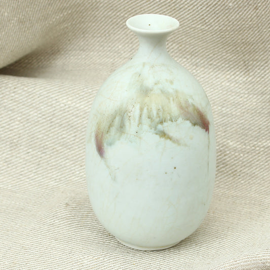 Tina Forrester (Studio Pottery) white porcelain tokkuri shape vase, decorated with green and burgundy glazed hues, 14.5cm high, painted mark to base