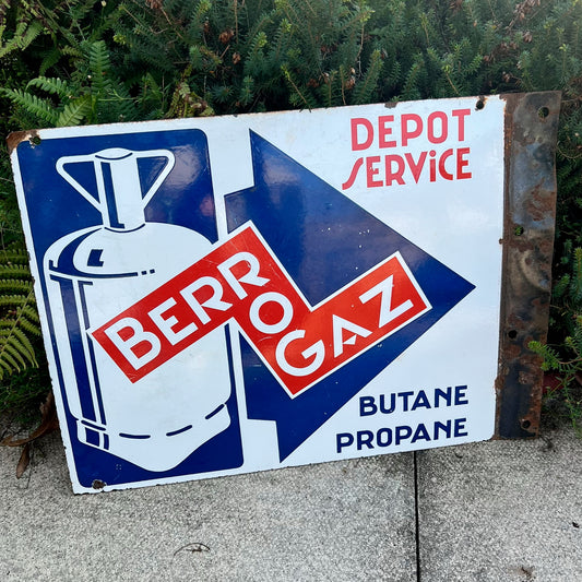 Advertising - a French double sided pictorial flanged enamel advertising sign, Berrogaz