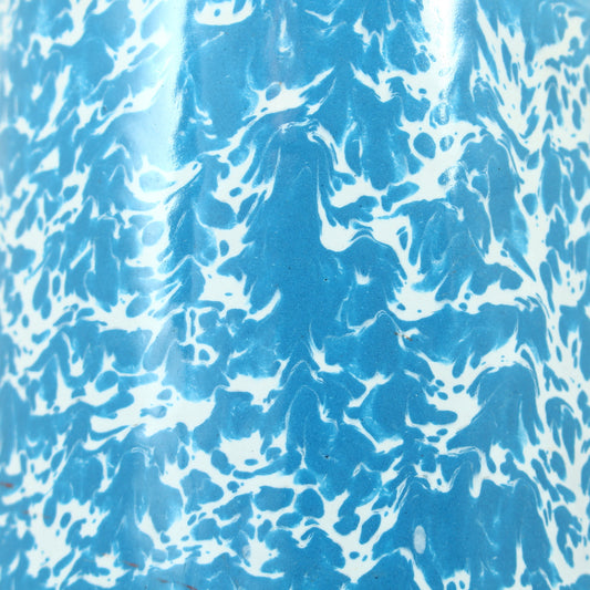 A vintage French blue and white marbled pattern enamel pitcher jug, 24cm high